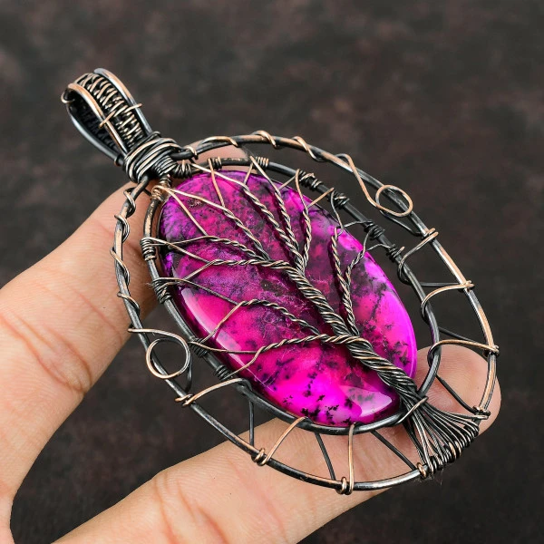 Pink Dendrite Opal Oval Pink Handmade Copper Wire Wrapped Pendant