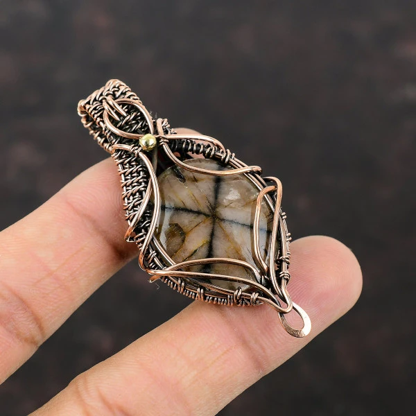 Chiastolite Oval Brown Handmade Copper Wire Wrapped Pendant