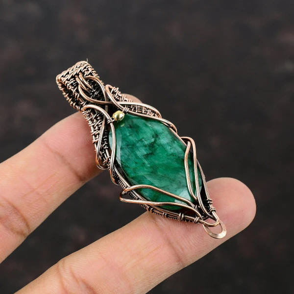 Faceted Zambian Emerald Oval Green Handmade Copper Wire Wrapped Pendant
