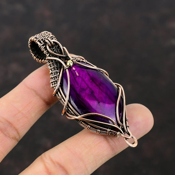 Purple Fire Labradorite Oval Purple Handmade Copper Wire Wrapped Pendant