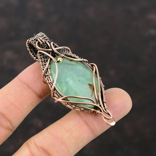 Chrysoprase Oval Green Handmade Copper Wire Wrapped Pendant
