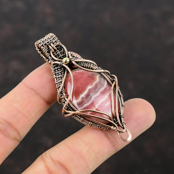 Rhodochrosite Oval Pink Handmade Copper Wire Wrapped Pendant