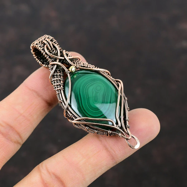 Malachite Oval Green Handmade Copper Wire Wrapped Pendant