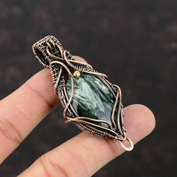 Seraphinite Oval Green Handmade Copper Wire Wrapped Pendant