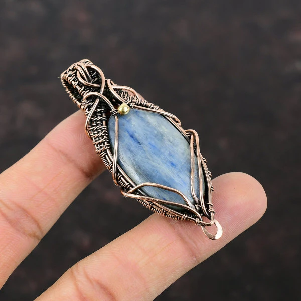 Kyanite Oval Blue Handmade Copper Wire Wrapped Pendant