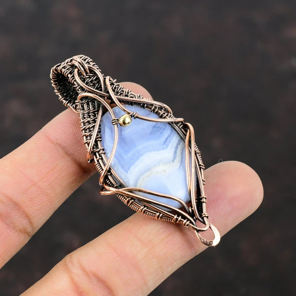 Blue Lace Agate Oval Blue Handmade Copper Wire Wrapped Pendant