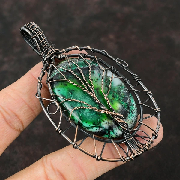 Green Dendrite Opal Oval Green Handmade Copper Wire Wrapped Pendant