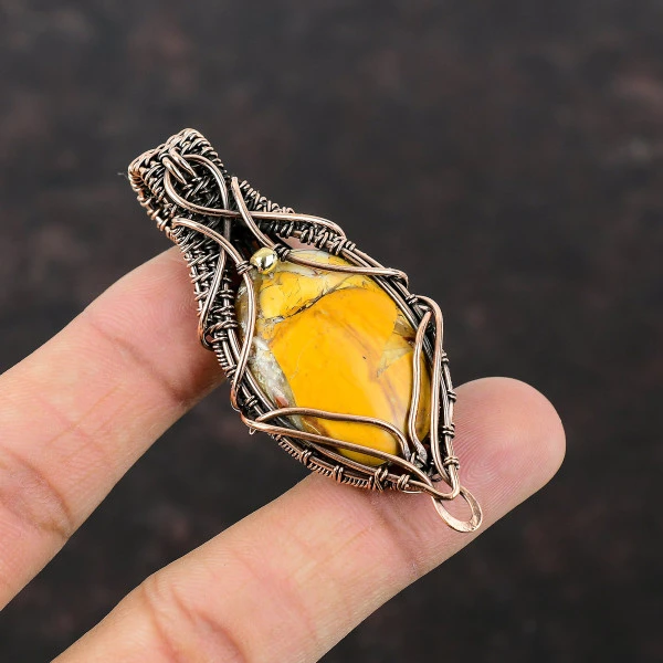 Brecciated Mookaite Oval Yellow Handmade Copper Wire Wrapped Pendant