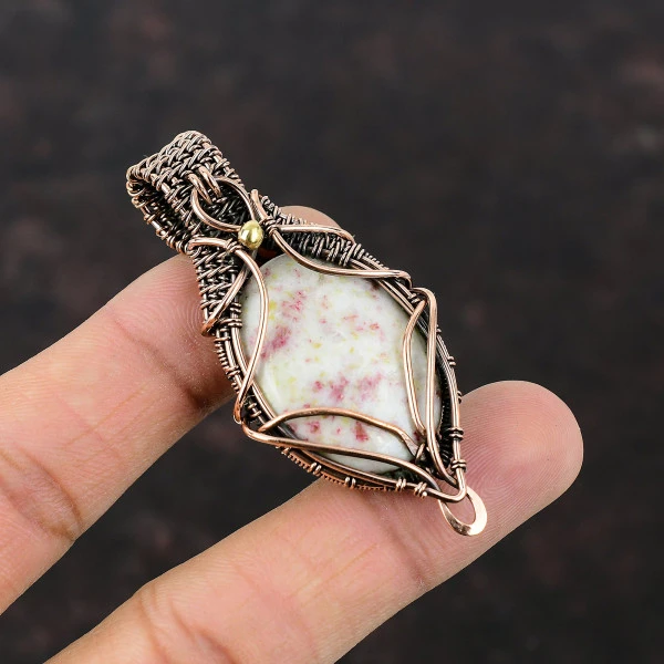Cinnabar Oval White Handmade Copper Wire Wrapped Pendant