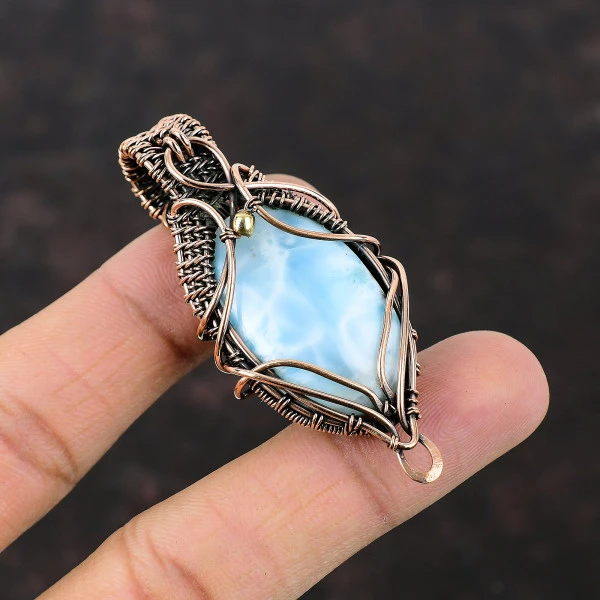 Larimar Oval Blue Handmade Copper Wire Wrapped Pendant