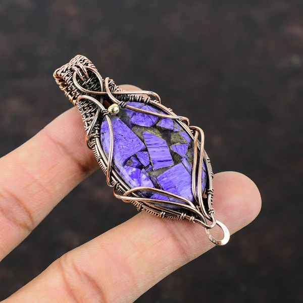 Copper Charoite Oval Purple Handmade Copper Wire Wrapped Pendant