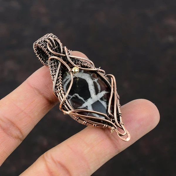 Moroccan Mud Crack Fossil Oval Brown Handmade Copper Wire Wrapped Pendant