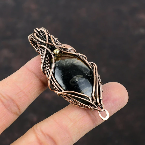 Picasso Jasper Oval Black Handmade Copper Wire Wrapped Pendant