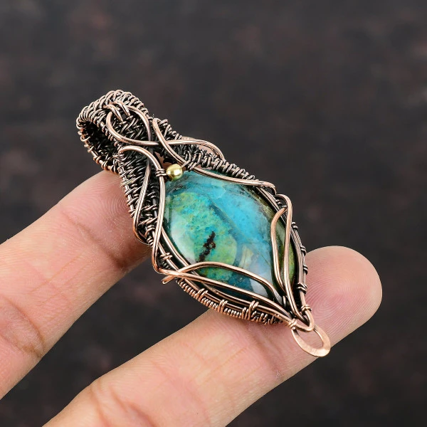 Chrysocolla Oval Green Handmade Copper Wire Wrapped Pendant