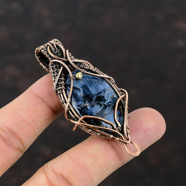 Pietersite Oval Gray Handmade Copper Wire Wrapped Pendant