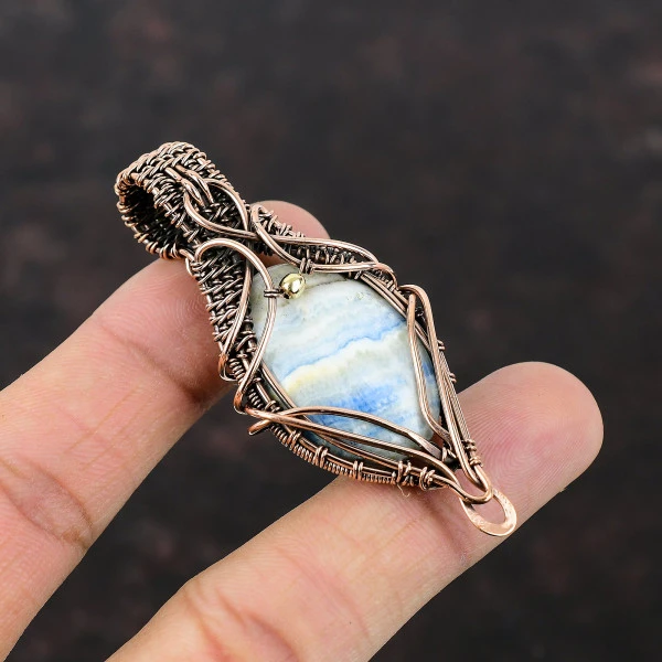 Blue Scheelite Oval Blue Handmade Copper Wire Wrapped Pendant
