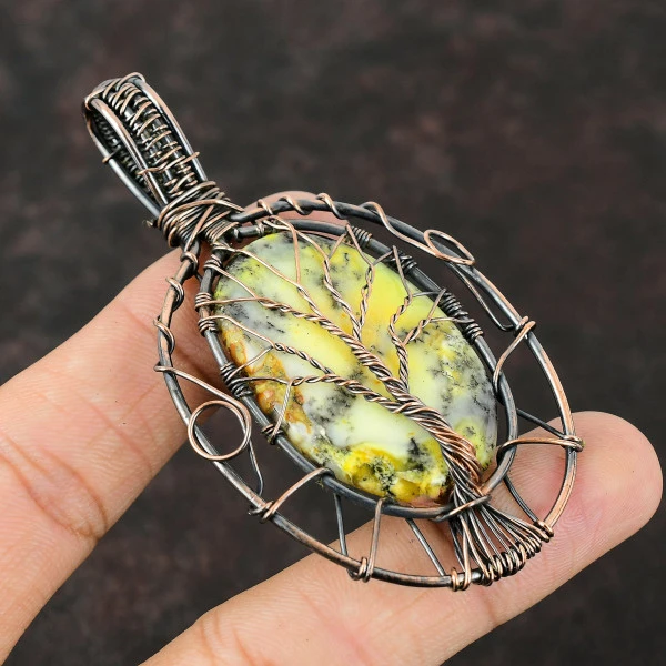 Yellow Dendrite Opal Oval Yellow Handmade Copper Wire Wrapped Pendant