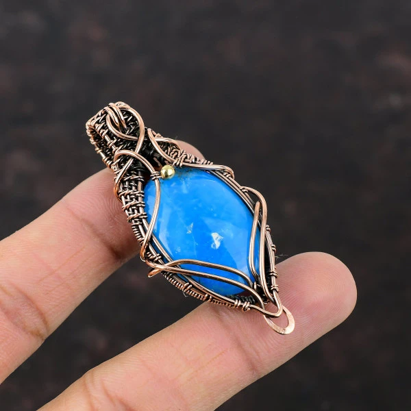 Smithsonite Oval Blue Handmade Copper Wire Wrapped Pendant
