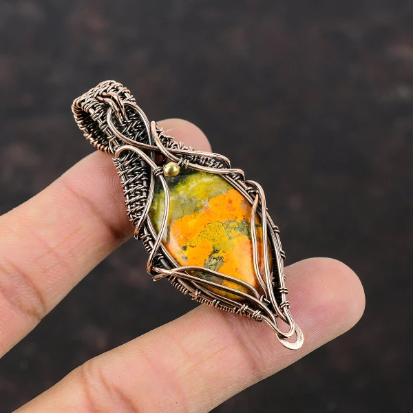 Bumble Bee Jasper Oval Yellow Handmade Copper Wire Wrapped Pendant
