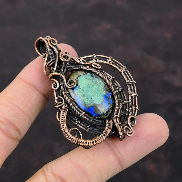 Azurite Malachite Oval Green Handmade Copper Wire Wrapped Pendant