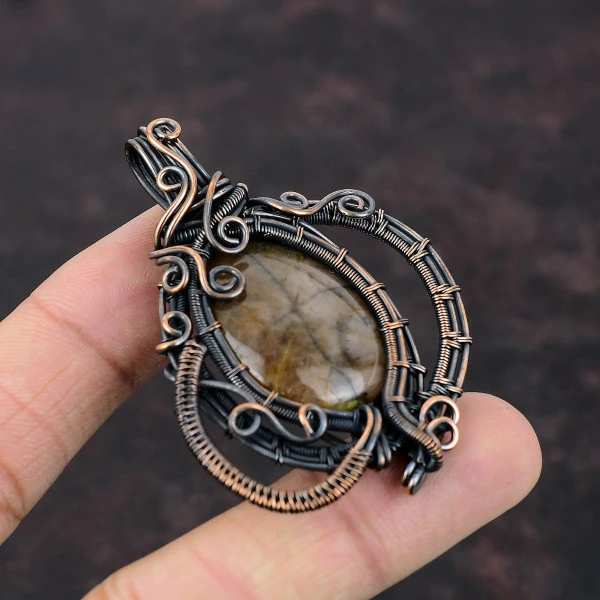 Chiastolite Oval Brown Handmade Copper Wire Wrapped Pendant