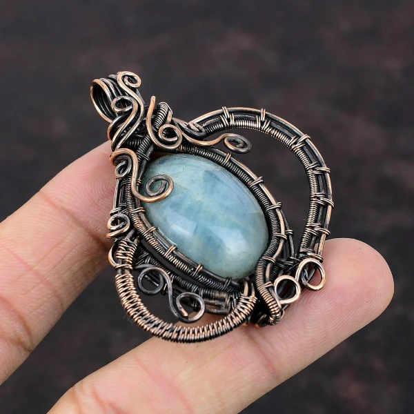 Aquamarine Oval Green Handmade Copper Wire Wrapped Pendant