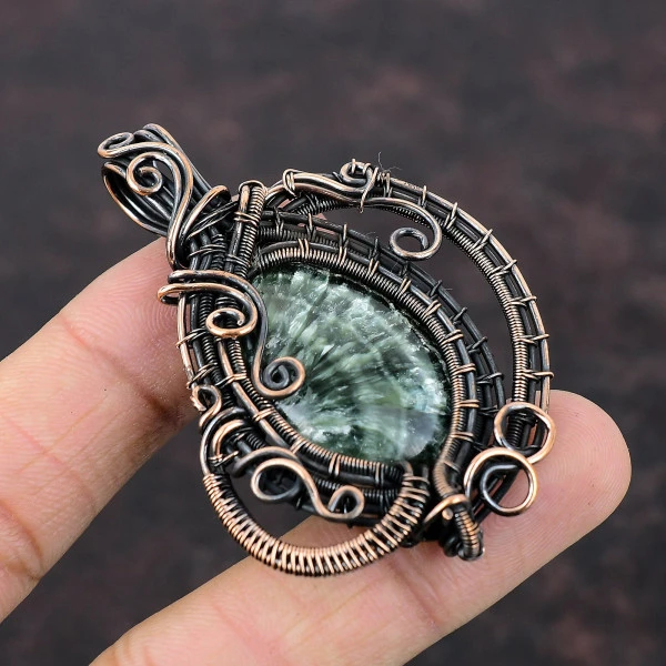 Seraphinite Oval Green Handmade Copper Wire Wrapped Pendant