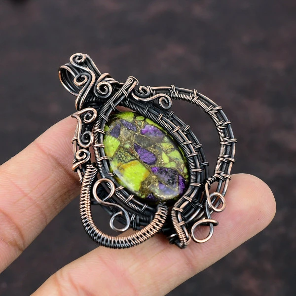 Copper Stichtite Oval Green Handmade Copper Wire Wrapped Pendant
