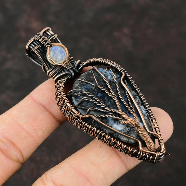 Blue Dendrite Opal Pear Blue Handmade Copper Wire Wrapped Pendant