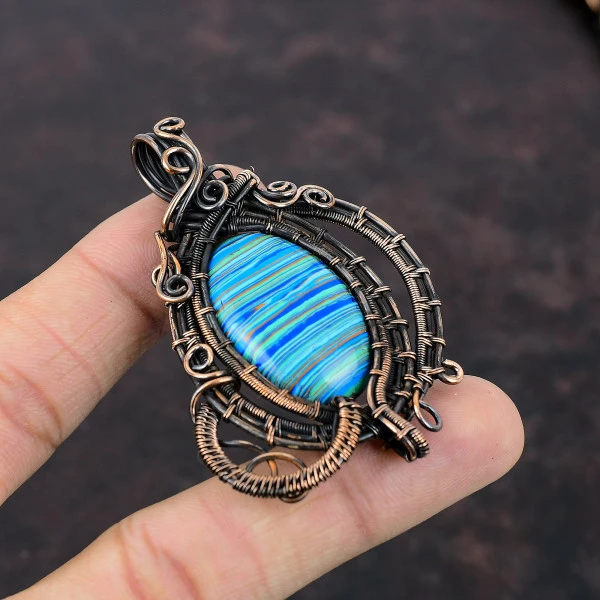 Rainbow Calsilica Oval Blue Handmade Copper Wire Wrapped Pendant