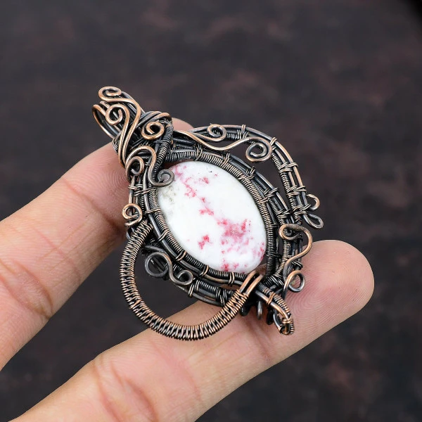 Cinnabar Oval White Handmade Copper Wire Wrapped Pendant