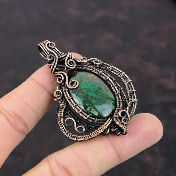 Cuprite Chrysocolla Oval Green Handmade Copper Wire Wrapped Pendant