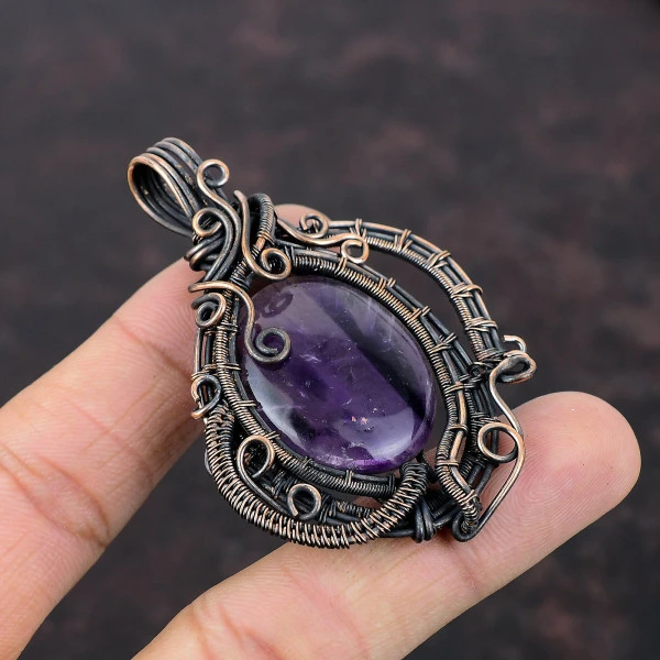 Star Amethyst Oval Purple Handmade Copper Wire Wrapped Pendant