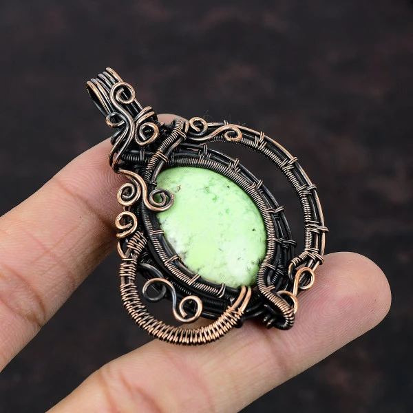 Lemon Chrysoprase Oval Green Handmade Copper Wire Wrapped Pendant
