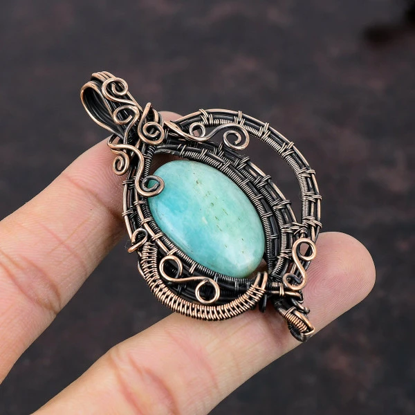 Amazonite Oval Green Handmade Copper Wire Wrapped Pendant
