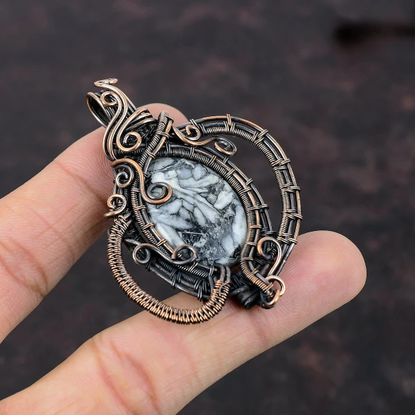 Pinolith Jasper Oval White Handmade Copper Wire Wrapped Pendant
