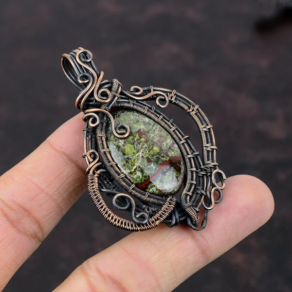Dragon Bloodstone Oval Green Handmade Copper Wire Wrapped Pendant
