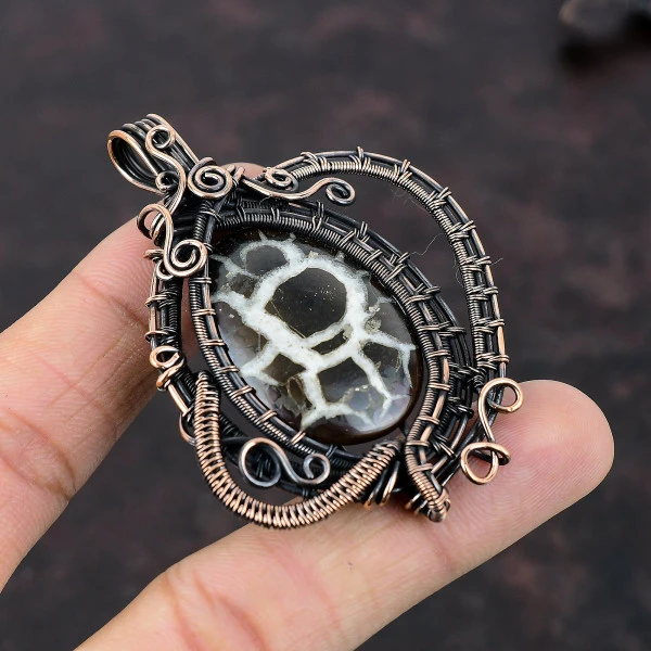 Moroccan Mud Crack Fossil Oval Brown Handmade Copper Wire Wrapped Pendant