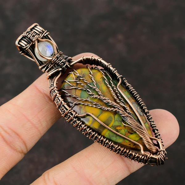 Fruit Jasper Pear Yellow Handmade Copper Wire Wrapped Pendant