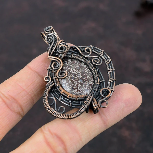 Dinosaur Bone Oval Red Handmade Copper Wire Wrapped Pendant