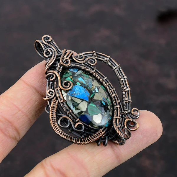 Copper Azurite Malachite Oval Green Handmade Copper Wire Wrapped Pendant