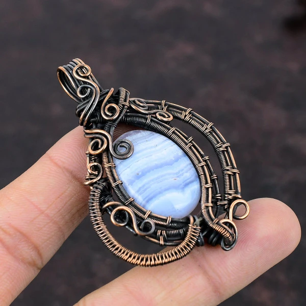Blue Lace Agate Oval Blue Handmade Copper Wire Wrapped Pendant