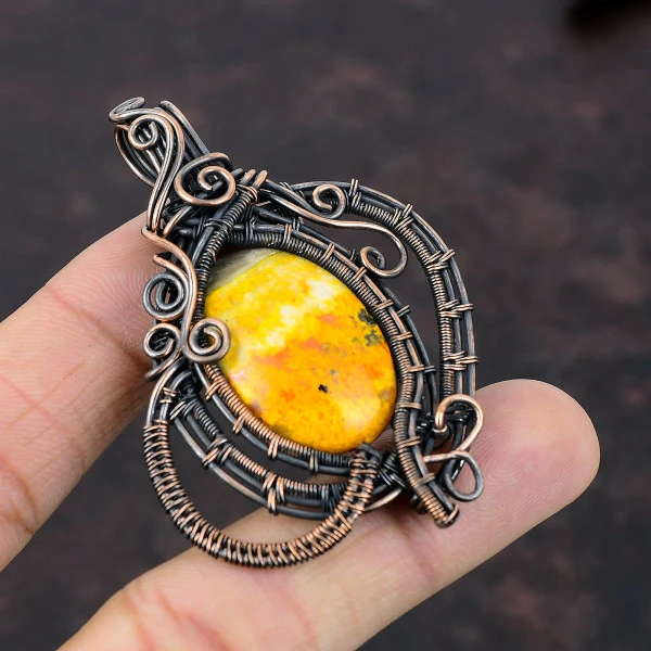 Bumble Bee Jasper Oval Yellow Handmade Copper Wire Wrapped Pendant