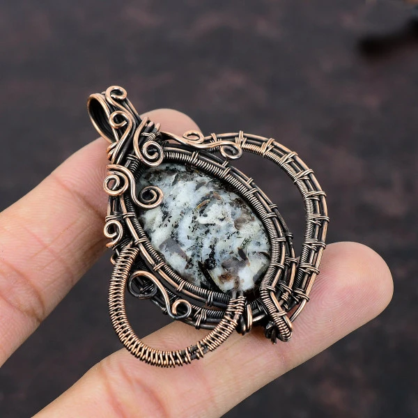 Astrophyllite Oval White Handmade Copper Wire Wrapped Pendant