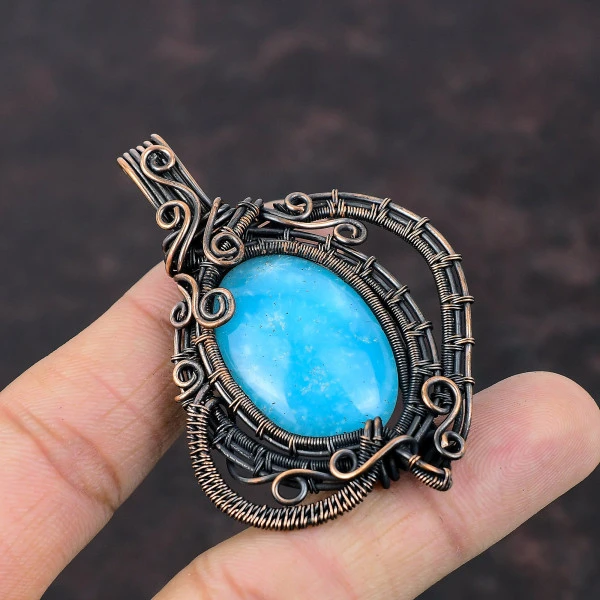 Hemimorphite Oval Blue Handmade Copper Wire Wrapped Pendant