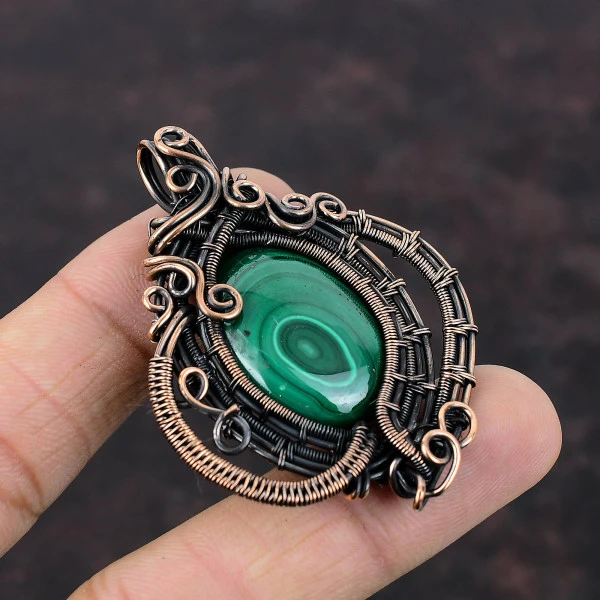 Malachite Oval Green Handmade Copper Wire Wrapped Pendant