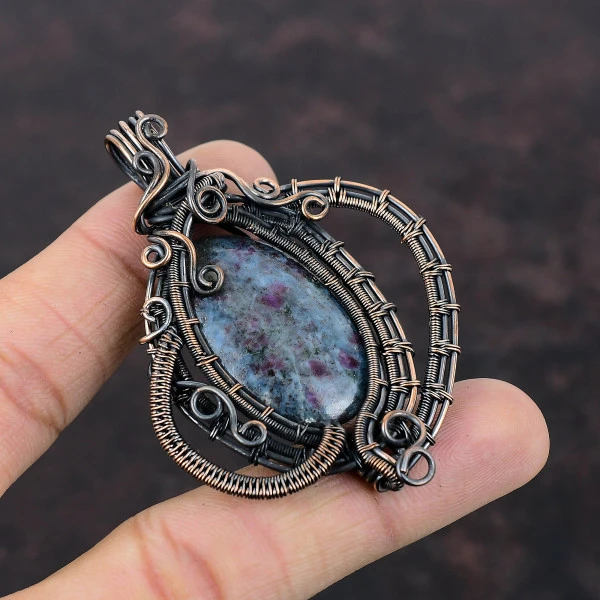 Ruby In Blue Kyanite Oval Blue Handmade Copper Wire Wrapped Pendant