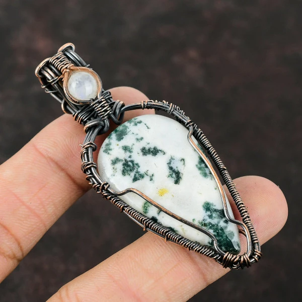 Moss Agate Pear White Handmade Copper Wire Wrapped Pendant