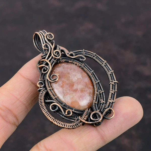 Sunstone Oval Orange Handmade Copper Wire Wrapped Pendant