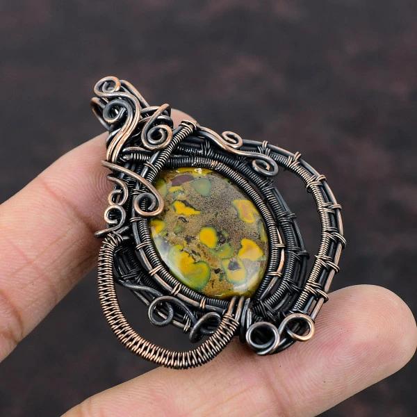 Fruit Jasper Oval Yellow Handmade Copper Wire Wrapped Pendant
